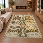Vintage morel and chanterelle botanical study rug in a living room with a fireplace