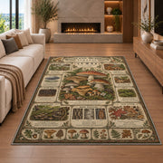 Vintage woodland mushroom almanac rug in a living room with a fireplace