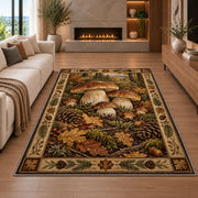 Porcini mushrooms in an autumn forest rug in a living room with a fireplace