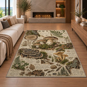 Vintage forest floor naturalist sketch rug in a living room with a fireplace