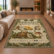 Vintage forager's woodland guide rug in a living room with a fireplace