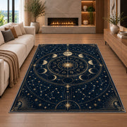 Navy and gold celestial zodiac wheel rug in a living room with a fireplace