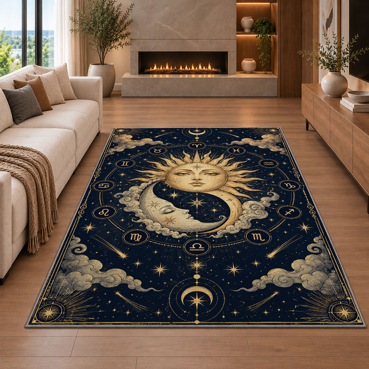 Sun and moon faces celestial rug in a living room with a fireplace