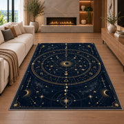Astrology chart wheel with moon phases rug in a living room with a fireplace