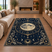 Full moon zodiac circle with floral corners rug in a living room with a fireplace