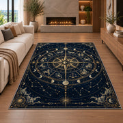 Zodiac compass star with constellations rug in a living room with a fireplace