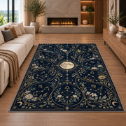 Floral celestial full moon night sky rug in a living room with a fireplace