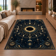 Solar eclipse zodiac with moon phases rug in a living room with a fireplace