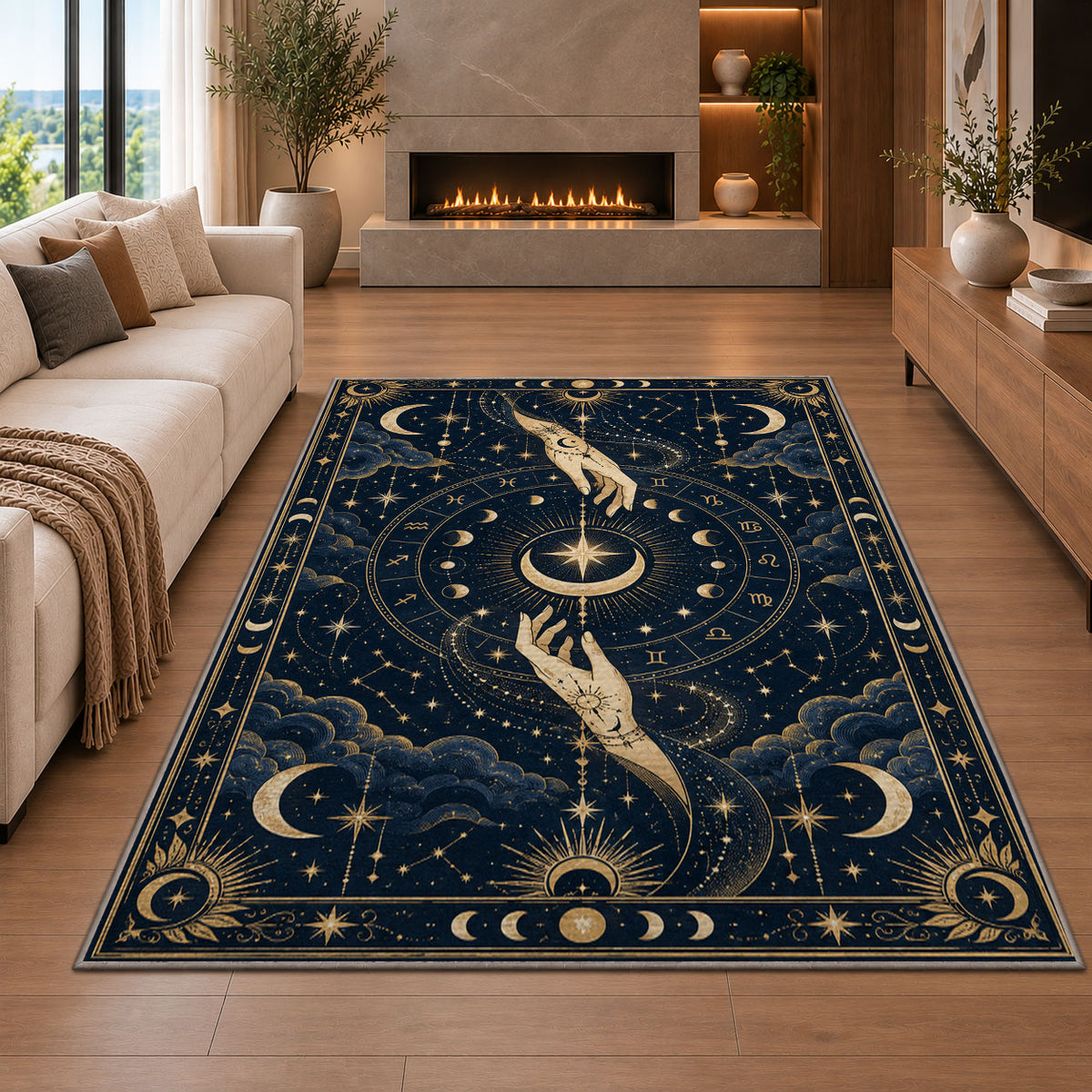 Mystic hands reaching for a crescent moon rug in a living room with a fireplace