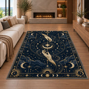 Mystic hands reaching for a crescent moon rug in a living room with a fireplace