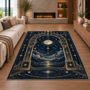 Moonlit celestial arch over the sea rug in a living room with a fireplace