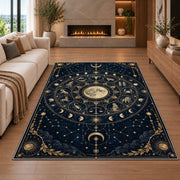 Full moon zodiac signs wheel rug in a living room with a fireplace