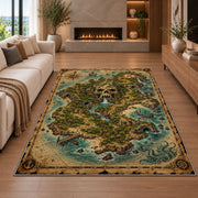 Vintage skull island treasure map rug in a living room with a fireplace