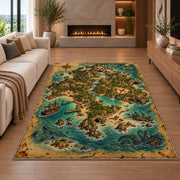 Turquoise treasure island map rug in a living room with a fireplace