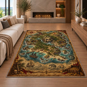 Vintage skull mountain pirate map rug in a living room with a fireplace