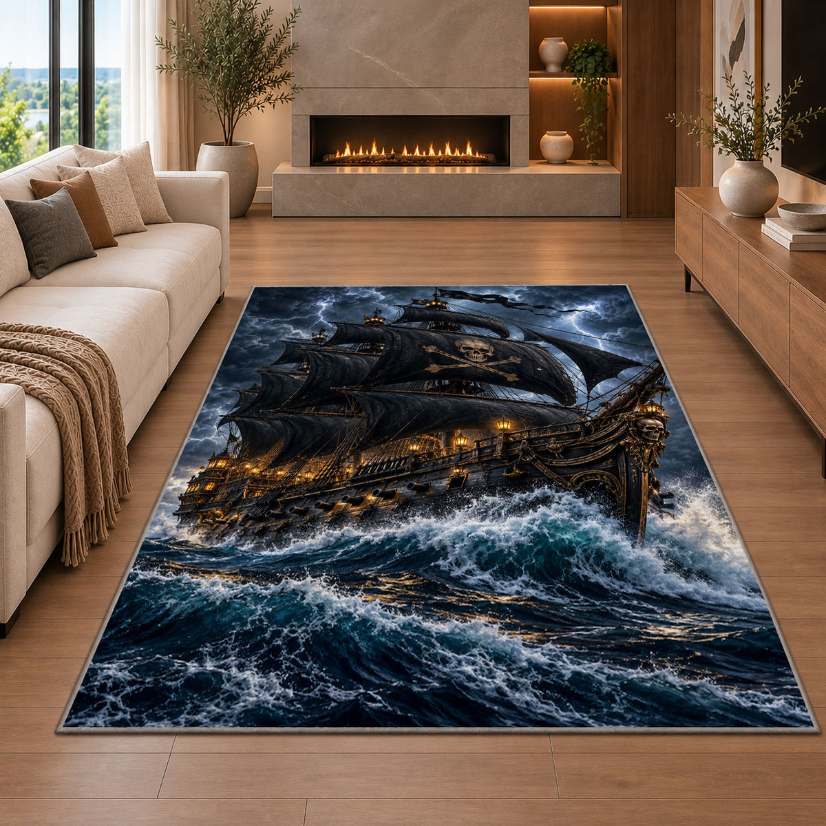 Black pirate ship in a stormy sea rug in a living room with a fireplace