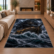 Lantern-lit pirate galleon in a lightning storm rug in a living room with a fireplace