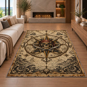 Pirate skull compass rose with crossed swords rug in a living room with a fireplace