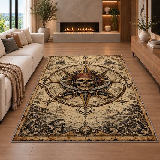 Pirate skull compass rose with crossed swords rug in a living room with a fireplace