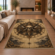 Sepia skull compass with crossed cutlasses rug in a living room with a fireplace