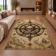 Light parchment skull nautical chart rug in a living room with a fireplace