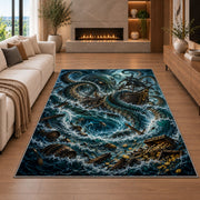 Kraken attacking a ship in a stormy sea rug in a living room with a fireplace