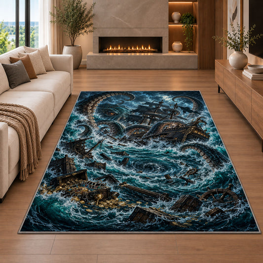 Kraken whirlpool shipwreck rug in a living room with a fireplace