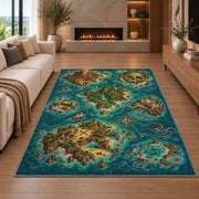 Pirate archipelago map with volcano and skull island rug in a living room with a fireplace