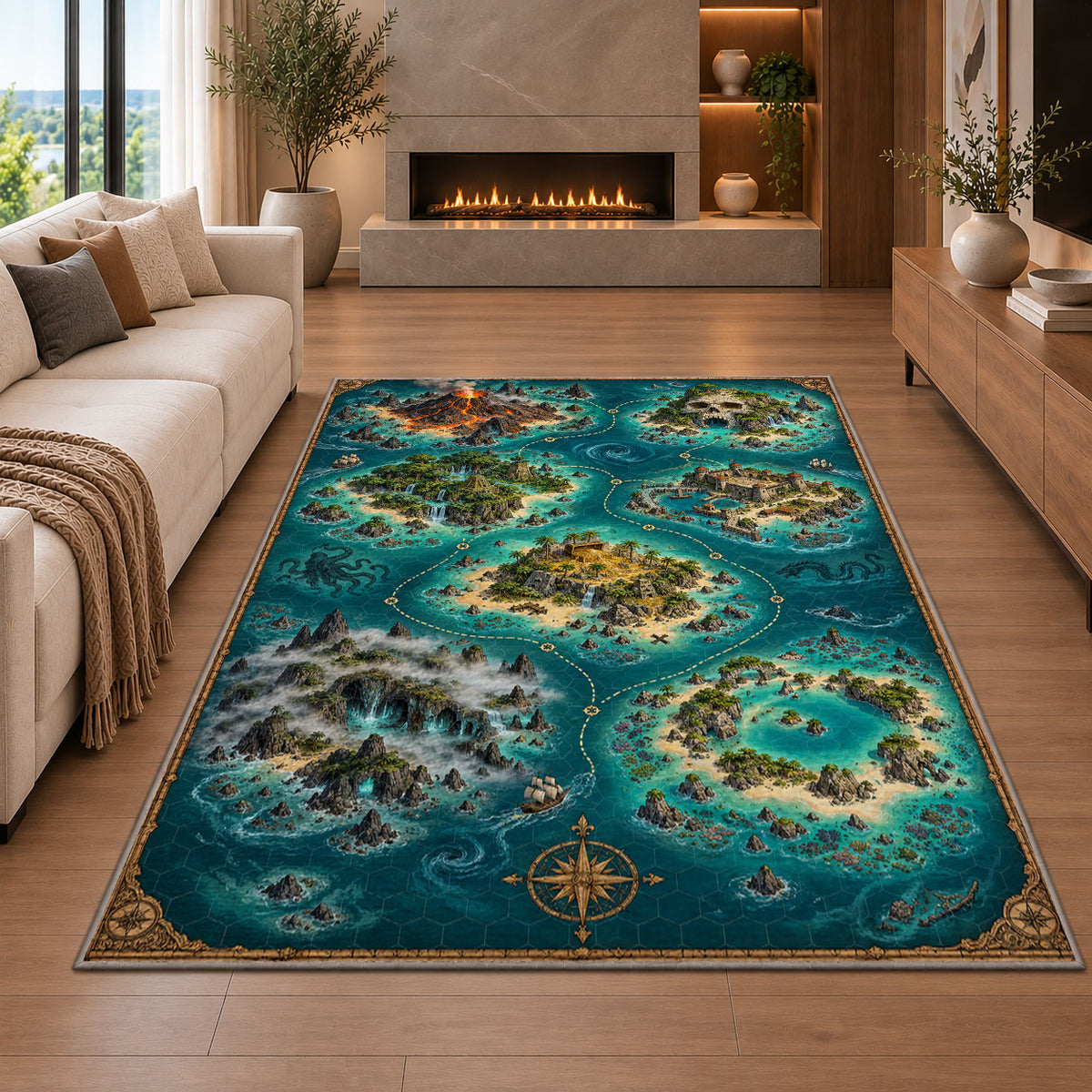 Tropical atoll pirate map rug in a living room with a fireplace