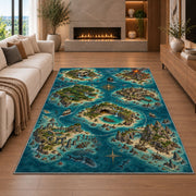 Pirate cove island map with shipwreck and sharks rug in a living room with a fireplace