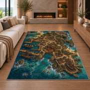 Aerial pirate port city with docks rug in a living room with a fireplace
