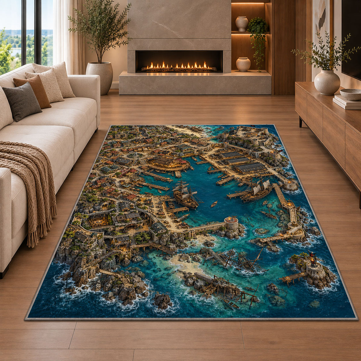 Aerial pirate docks with galleons rug in a living room with a fireplace