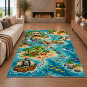 Cartoon kids pirate treasure map rug in a living room with a fireplace