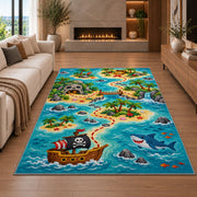 Cartoon pirate adventure island map rug in a living room with a fireplace