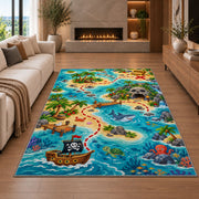 Cartoon treasure hunt map with sea animals rug in a living room with a fireplace