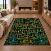 Jungle temple pixel maze rug in a living room with a fireplace