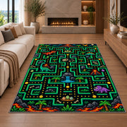 Dinosaur jungle arcade maze rug in a living room with a fireplace