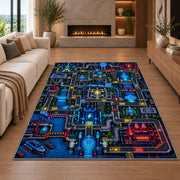 Futuristic sci-fi city circuit maze rug in a living room with a fireplace