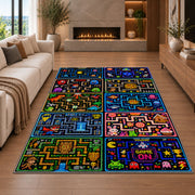 Multi-level arcade game board rug in a living room with a fireplace