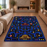 Arcade maze with boss and treasure goal rug in a living room with a fireplace