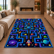 Outer space arcade maze rug in a living room with a fireplace
