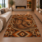 Cowboy hat and boots rug in a living room with a fireplace