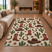 Western icons pattern rug in a living room with a fireplace