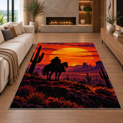 Cowboy sunset rider rug in a living room with a fireplace