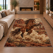 Wild mustang rug in a living room with a fireplace