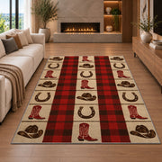 Cowboy plaid check rug in a living room with a fireplace