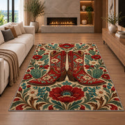 Embroidered red boots rug in a living room with a fireplace
