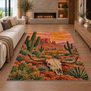 Desert longhorn sunset rug in a living room with a fireplace