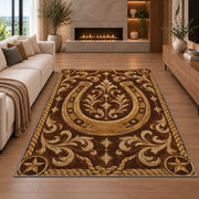 Tooled leather horseshoe rug in a living room with a fireplace