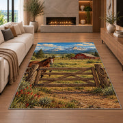 Ranch gate and barn rug in a living room with a fireplace